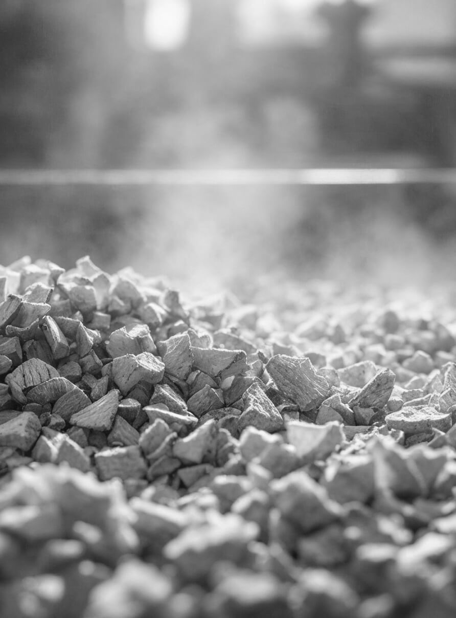 A pile of small, irregularly shaped rocks in black and white, with a misty or foggy background that adds a hazy effect to the image. The focus is on the rocks in the foreground.