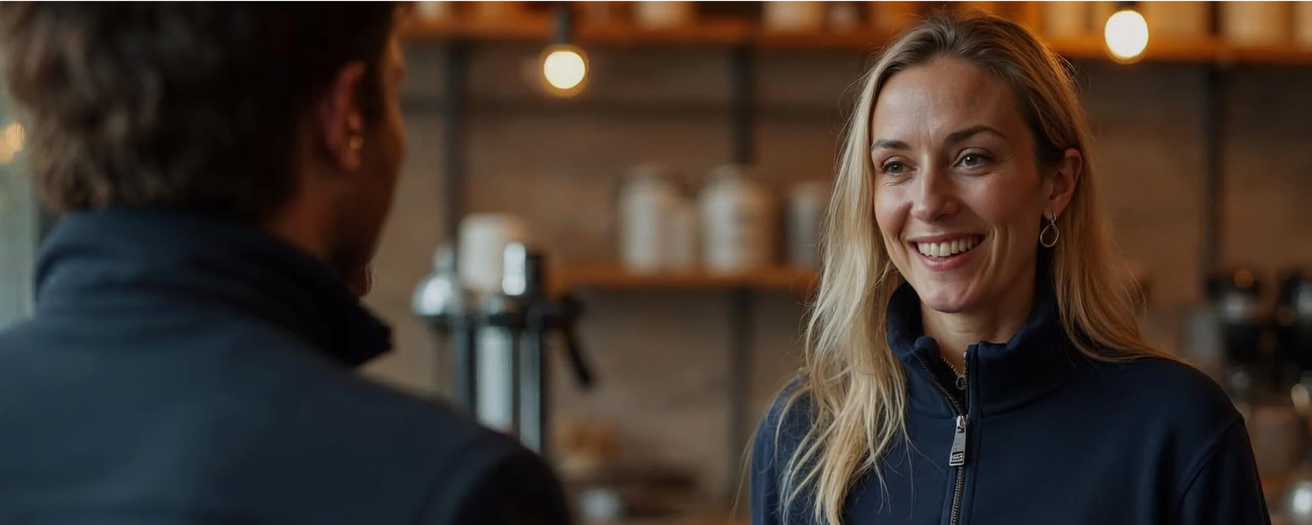 A woman with long blonde hair and a zip-up hoodie is smiling while talking to a man with short hair. They are in a warmly lit cafe with blurred shelves and hanging lights in the background.