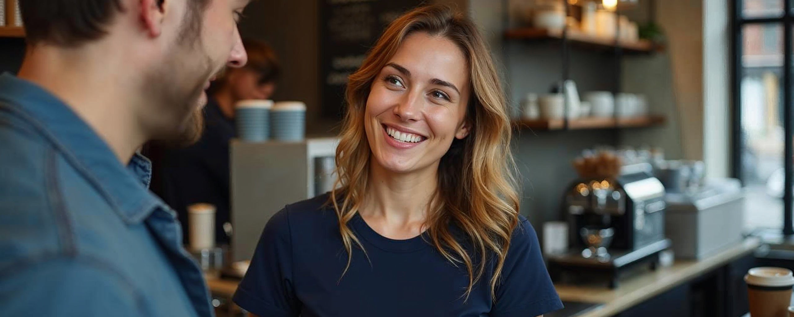 A woman with long hair smiles at a man in a coffee shop. She is wearing a navy blue shirt. The background shows coffee machines, cups, and shelves, creating a warm and inviting atmosphere.