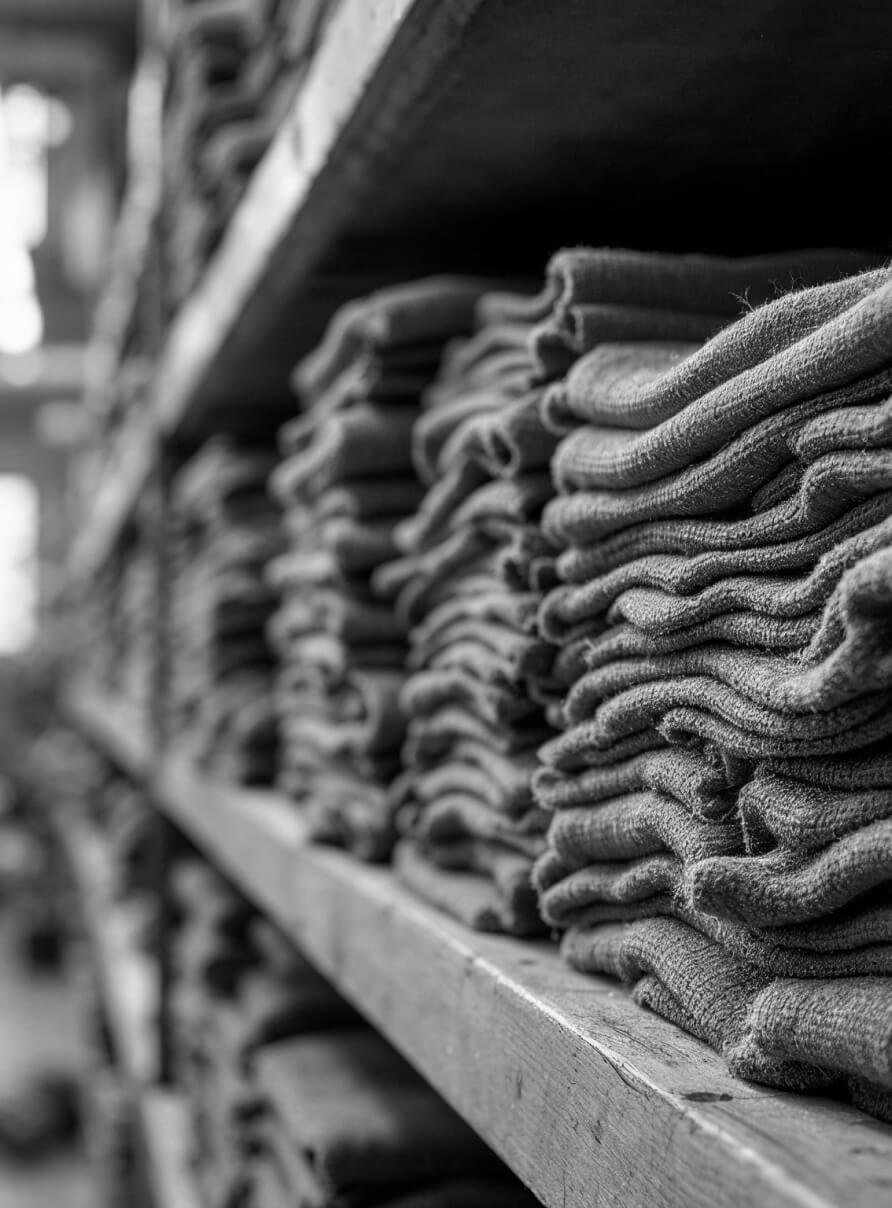 Stacks of folded knit garments are neatly arranged on wooden shelves in a grayscale image. The focus is on the foreground stack, while the background shelves fade into a soft blur, creating a sense of depth.