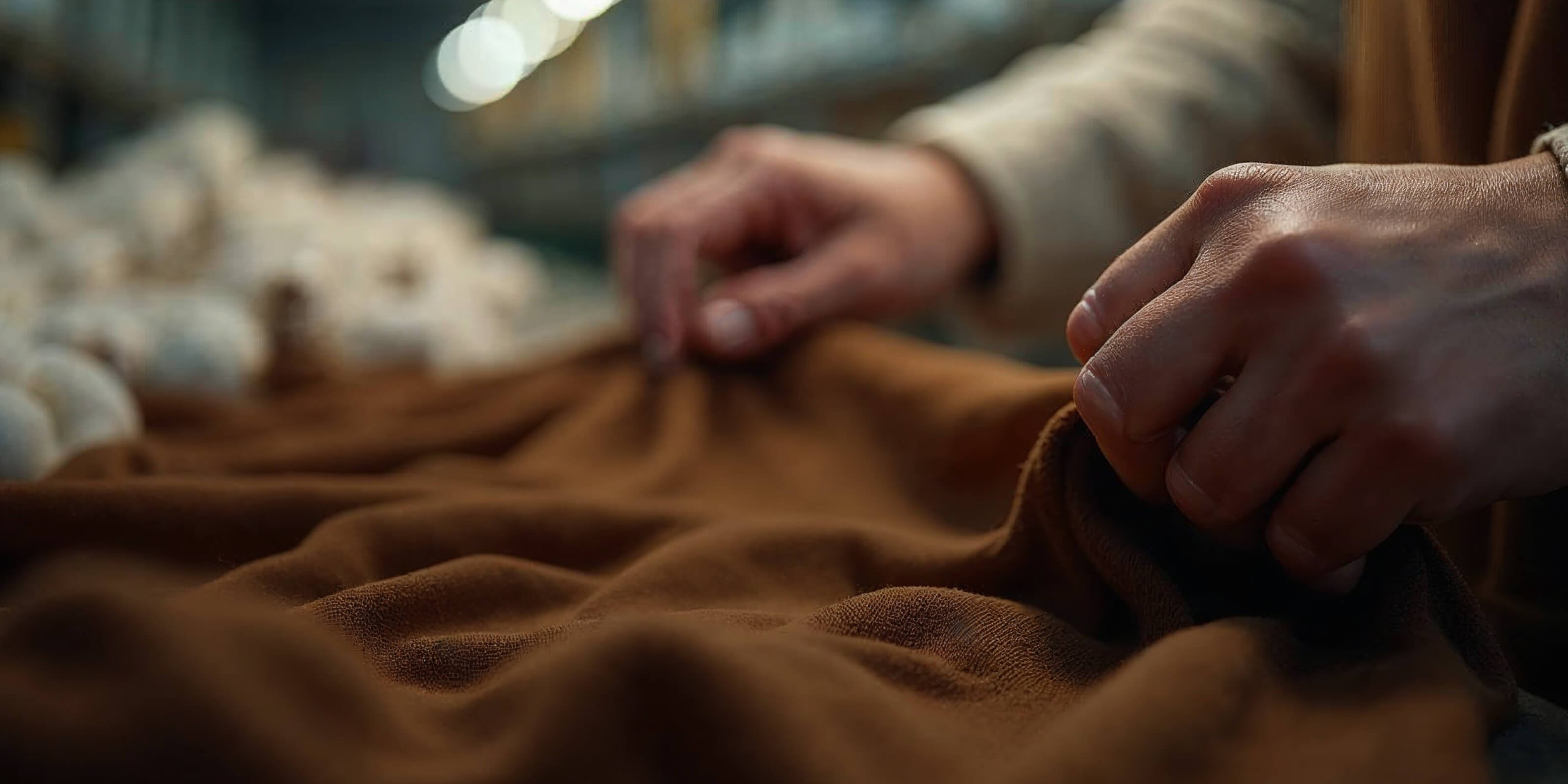 Hands gently touch a soft, brown fabric, examining its texture. The background is blurred, with faint shapes that might be fabrics or materials. The image conveys a sense of craftsmanship and tactile engagement with the material.