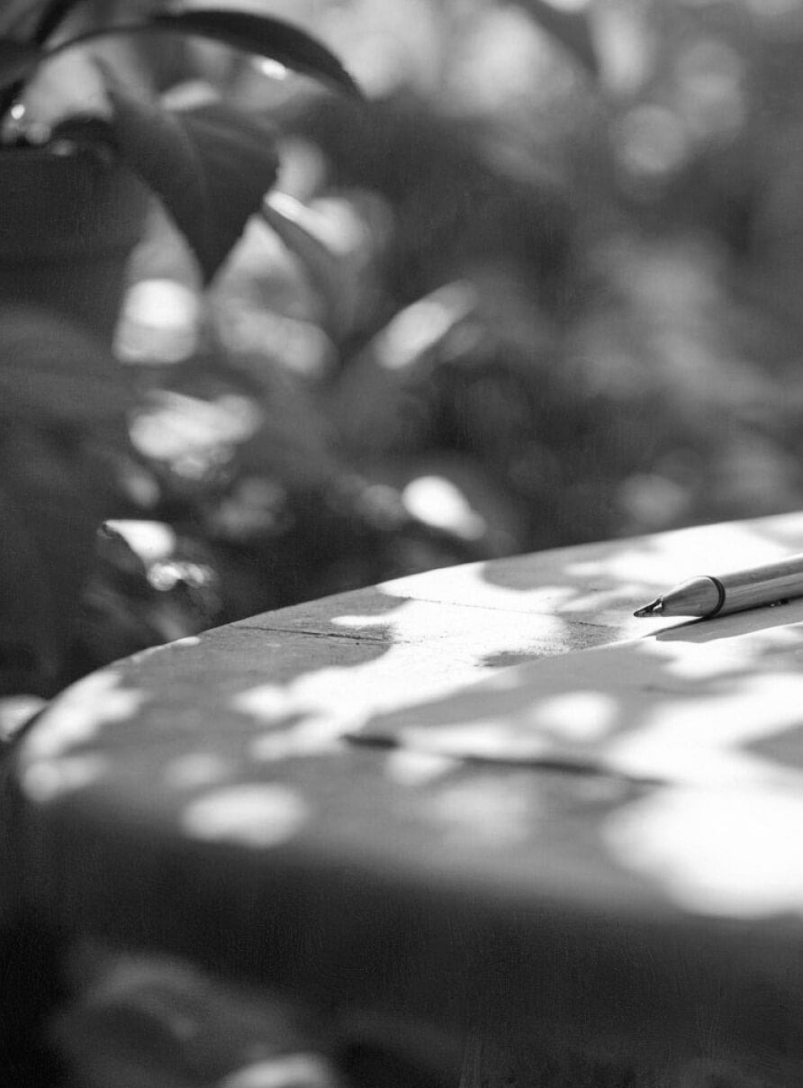 A black and white photo of a pen resting on a round, sunlit table with plant leaves casting dappled shadows. Blurred foliage is in the background, creating a serene and artistic atmosphere.