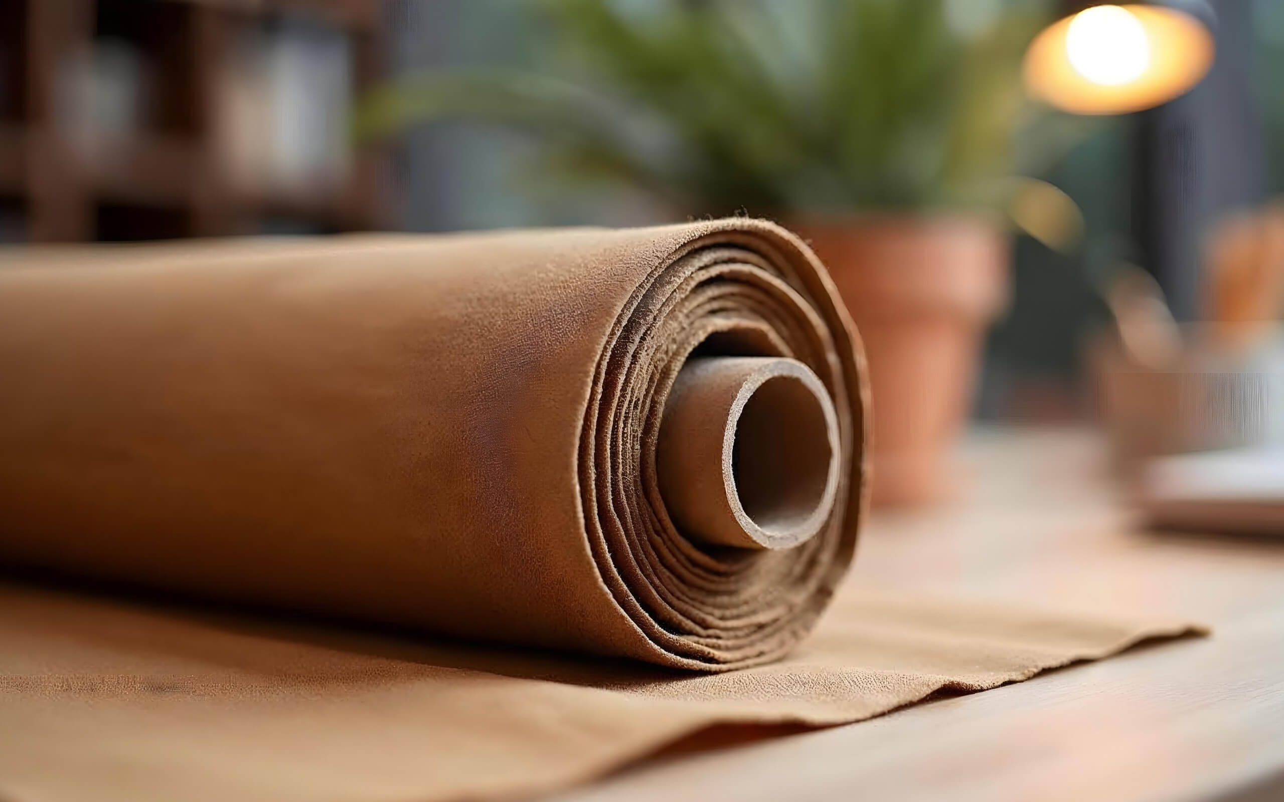 A close-up of a roll of brown leather fabric on a wooden table. In the blurred background, theres a potted plant and a warm glowing lamp, giving a cozy ambiance to the setting.